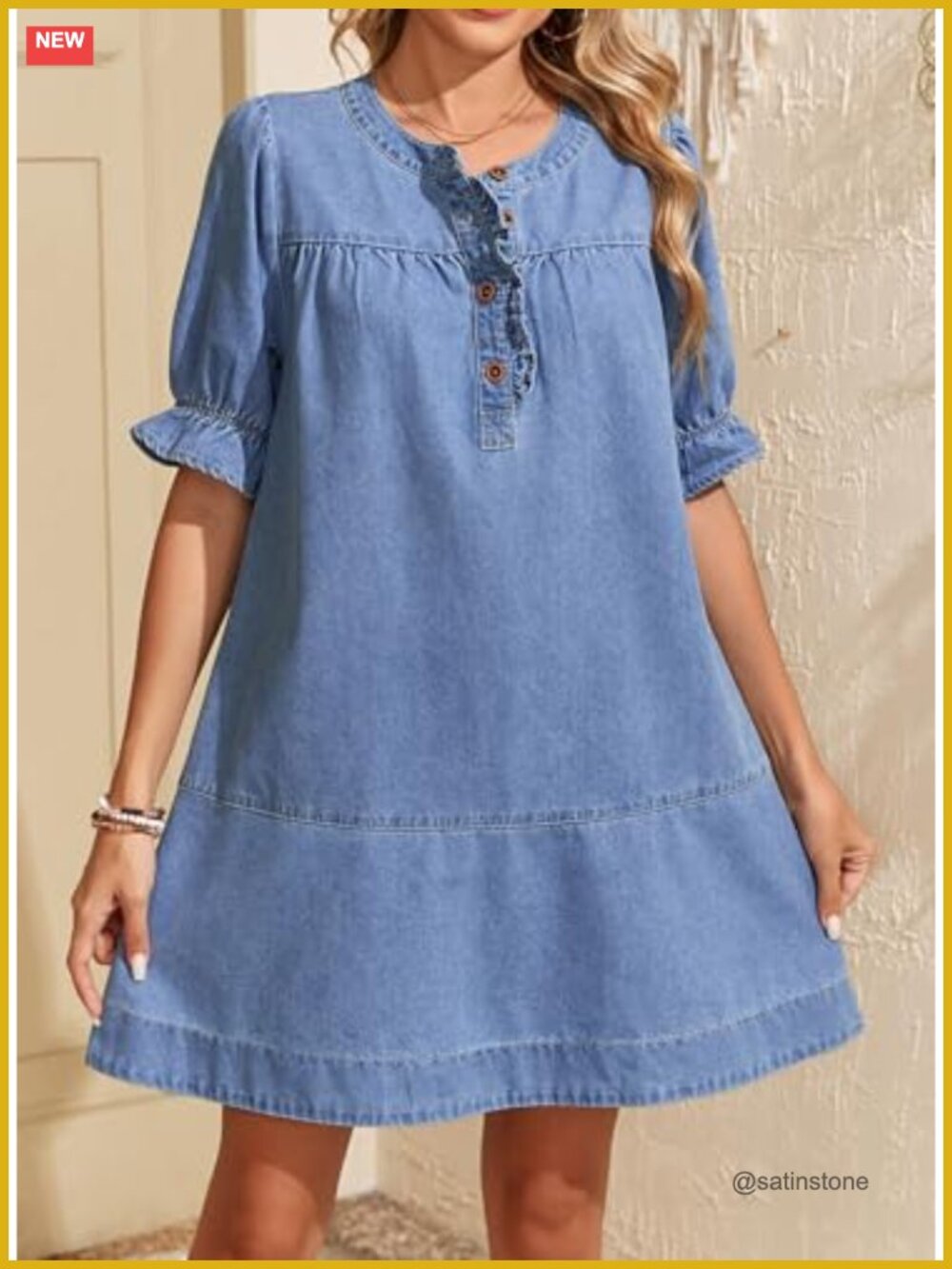 Denim Babydoll Dress Flare Short Sleeve Button Front Ruffle Cuff A-Line Mini - Picture 4 of 7